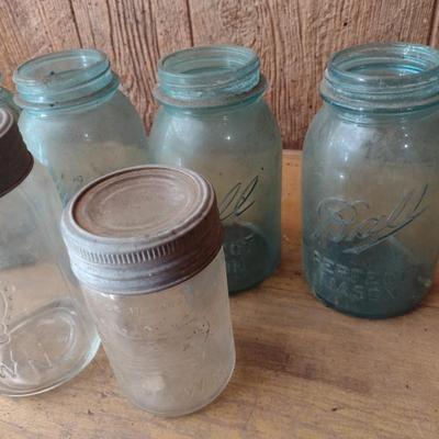 Assortment of Vintage Green Ball Canning Jars and Crown Glass Jars (#52)