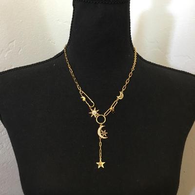 Beautiful very nice gold toned, crystal rhinestone paper clip, Moon star, statement, necklace