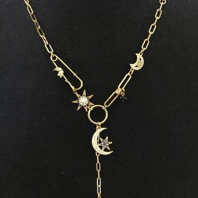 Beautiful very nice gold toned, crystal rhinestone paper clip, Moon star, statement, necklace