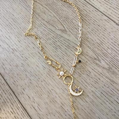 Beautiful very nice gold toned, crystal rhinestone paper clip, Moon star, statement, necklace