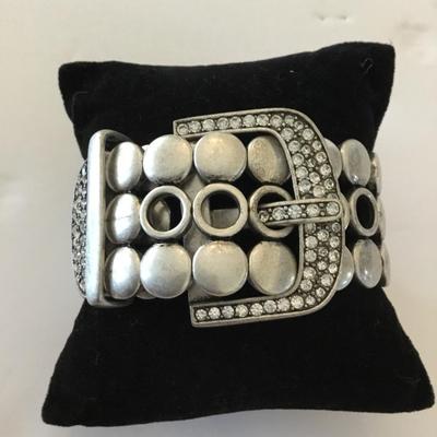 Vintage premier design, Silvertone rhinestone belt, buckle stretch bracelet
