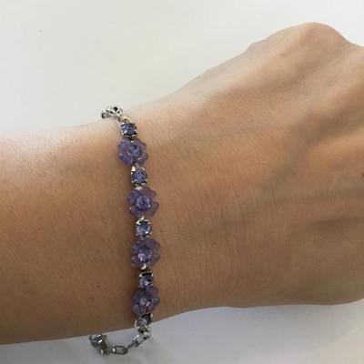 Dainty silver toner, purple flower, rhinestone bracelet