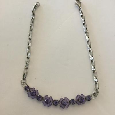 Dainty silver toner, purple flower, rhinestone bracelet