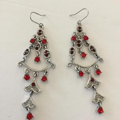 Silver-tone red rhinestone statement earrings