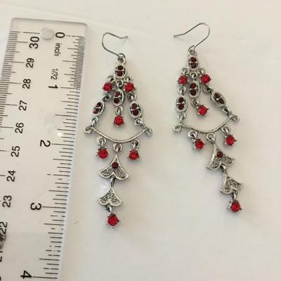 Silver-tone red rhinestone statement earrings