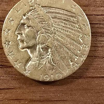 1910 S five dollar gold Indian Head coin