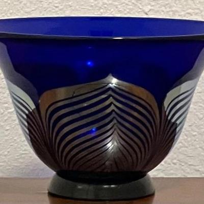 Correia Art Glass Cobalt Feather Bowl