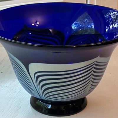 Correia Art Glass Cobalt Feather Bowl