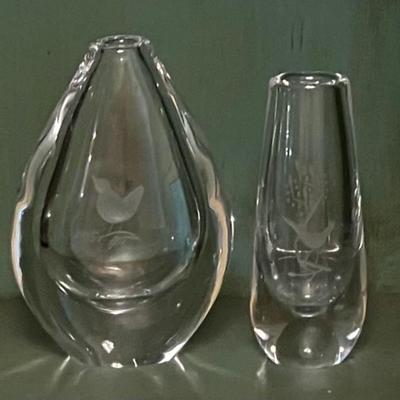 Two Orrefors Sweden Lead Crystal Etched Bird Vases