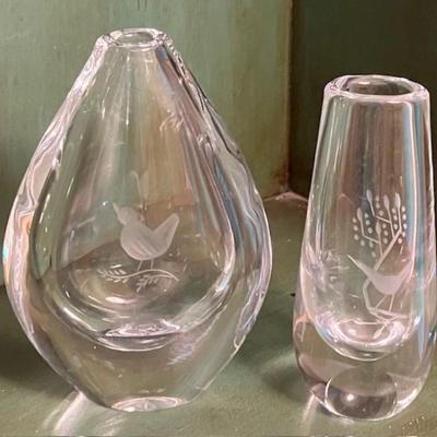 Two Orrefors Sweden Lead Crystal Etched Bird Vases