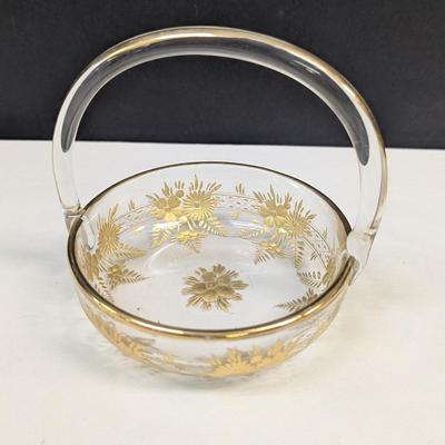 Sale Photo Thumbnail #1362: 4" Moser glass dish with gold trim and handle
