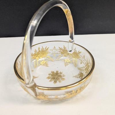 Sale Photo Thumbnail #1363: 4" Moser glass dish with gold trim and handle