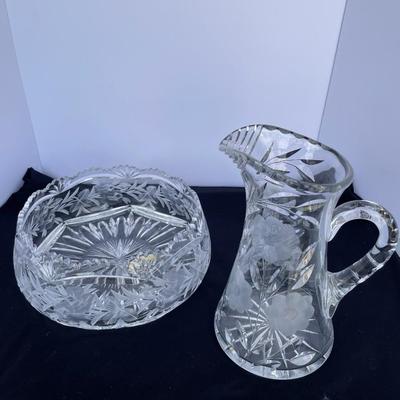 Heavy Cut/Etched Crystal Pitcher and Centerpiece Bowl