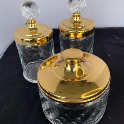 Vintage 3 Piece Glass and Brass Vanity Set