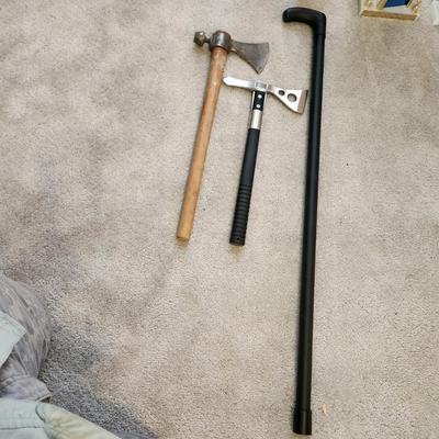 Lot of 3 Collectables Vintage Pipe Tomahawk ,SOG Fasthawk Axe, Walking Stick Cane Sword