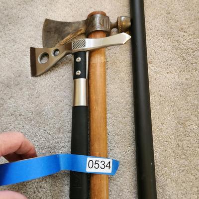 Lot of 3 Collectables Vintage Pipe Tomahawk ,SOG Fasthawk Axe, Walking Stick Cane Sword