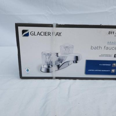 Sale Photo Thumbnail #79: Glacier Bay Aragon 2-handle bath faucet in a chrome finish, model 811 530. Features a 4-inch centerset design and a click-install drain assembly for easy installation. Includes a washerless cartridge and comes with a limited lifetime warranty. The faucet 