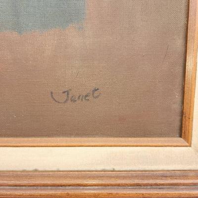 Sale Photo Thumbnail #91: Framed portrait painting depicting a cowboy wearing a tan hat, red scarf, and dark vest. Signed by the artist 'Janet' on the lower right corner. The painting is done on canvas and is framed in a decorative wooden frame with a carved design. Back of the fr
