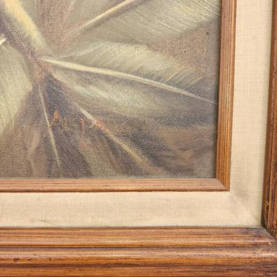 Sale Photo Thumbnail #94: Framed oil painting on canvas depicting a Native American chief in traditional headdress. The frame, crafted from carved wood with decorative elements, appears to complement the artwork. Reverse side shows dimensions marked as 20x24 inches and a faded sta