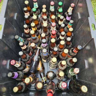 Sale Photo Thumbnail #119: Craft beer bottles consisting of various brands and labels. The collection includes both sealed and possibly empty bottles (condition unspecified), with labels featuring a wide range of designs and themes. Some bottles have swing-top caps and are from sma