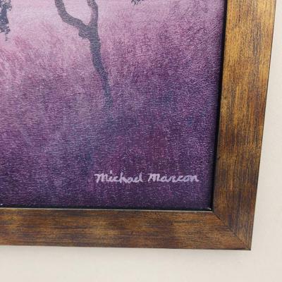 Sale Photo Thumbnail #156: Framed landscape painting by artist Michael Marson featuring a serene scene with purple tones. The artwork depicts a tranquil scenery with trees and a water feature, using a soft purple and lavender palette. Presented in a double wooden frame with a gold-