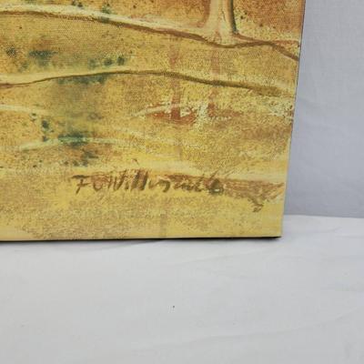 Sale Photo Thumbnail #158: A signed square-shaped painting featuring a serene landscape with trees in warm earthy tones. The signature located at the lower right corner reads 'Fellini SMG'. The textured design incorporates abstract elements alongside the depiction of nature, creati