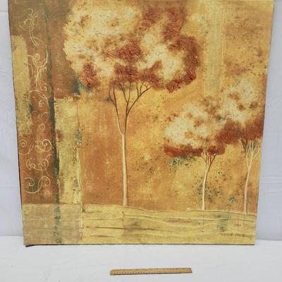 Sale Photo Thumbnail #157: A signed square-shaped painting featuring a serene landscape with trees in warm earthy tones. The signature located at the lower right corner reads 'Fellini SMG'. The textured design incorporates abstract elements alongside the depiction of nature, creati