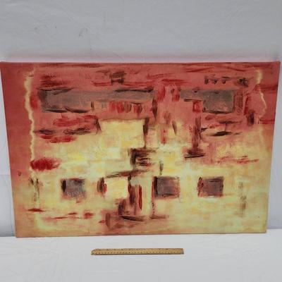 Sale Photo Thumbnail #159: Abstract acrylic painting on canvas featuring a blend of red, yellow, and orange tones with layered and textured brushwork. The design is non-representational and offers a dynamic interplay of colors. Canvas is unframed and appears to be stretched on a wo