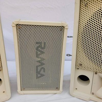 Sale Photo Thumbnail #218: Three white Panasonic speaker systems, model WA-260-MW. Includes two larger speakers and one smaller unit, all featuring mesh grills and labeled with parallel input options. Some signs of wear or discoloration may be present. Suitable for professional or 