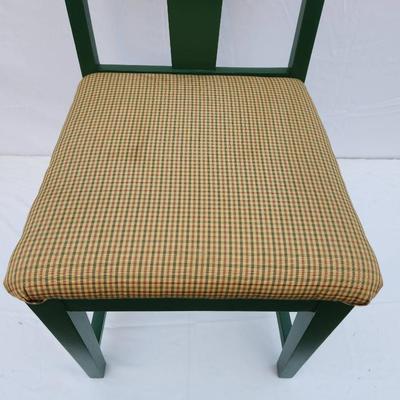 Sale Photo Thumbnail #252: Six wooden dining chairs, painted green, featuring a simple slat-back design. Each chair includes an upholstered seat covered in a checked beige fabric. Overall construction appears sturdy, and the upholstery is consistent across all chairs. Ideal for din