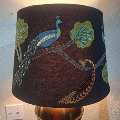 lamp with peakcock applique on shade