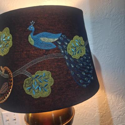 lamp with peakcock applique on shade