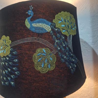 lamp with peakcock applique on shade