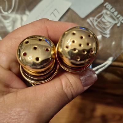 Brass and red glass salt and pepper shakers