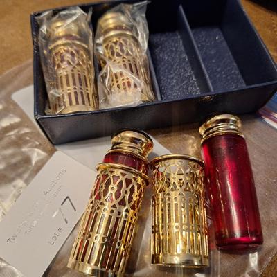 Brass and red glass salt and pepper shakers