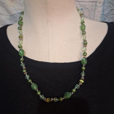 beaded necklace with greens, silver and clear beads