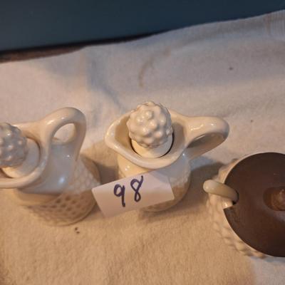 hobnail oil, vinegar bottles and sugar jar