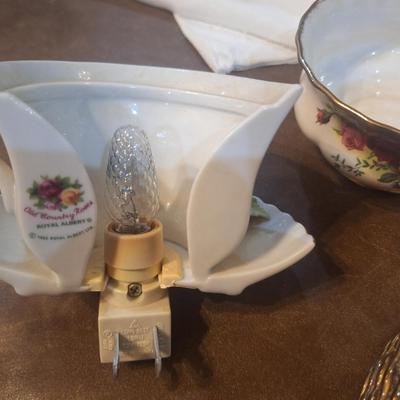 royal albert bone china plates and other- nightlight has a chip on the pink rose, see all photos
