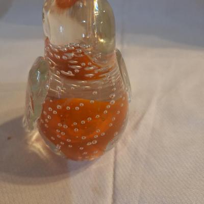 blown glass penguin with bubbles and orange center