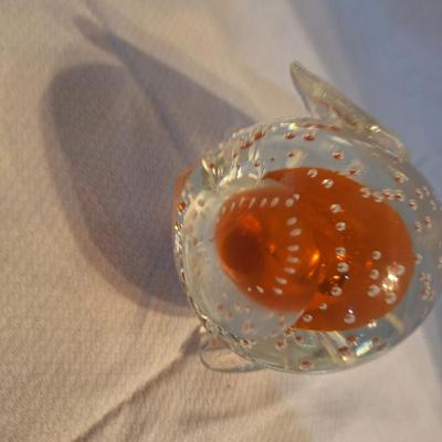 blown glass penguin with bubbles and orange center