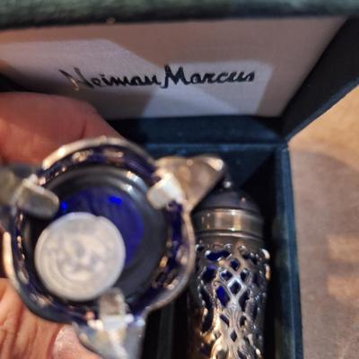 Neiman marcus salt and pepper shakers with cobalt glass