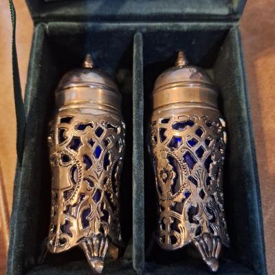 Neiman marcus salt and pepper shakers with cobalt glass