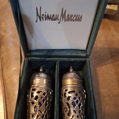 Neiman marcus salt and pepper shakers with cobalt glass