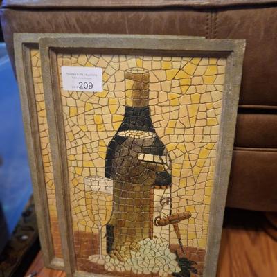 wine wall art, these are heavy mosaic looking art likely made of plaster?