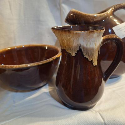 vintage pottery, the pitcher is Roseville other two are marked USA