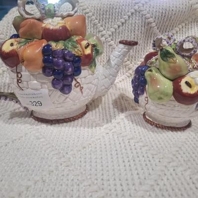 ceramic teapot and other container with lid- fruit and basket design