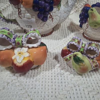 ceramic teapot and other container with lid- fruit and basket design