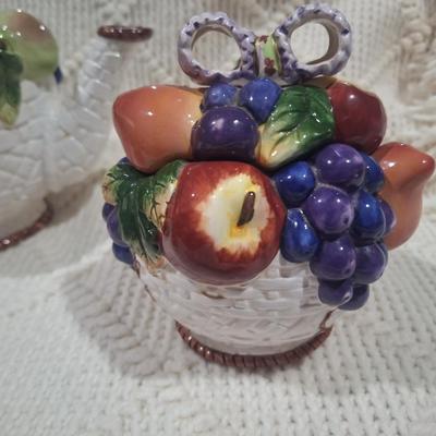 ceramic teapot and other container with lid- fruit and basket design