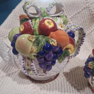 ceramic teapot and other container with lid- fruit and basket design