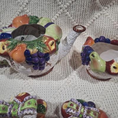ceramic teapot and other container with lid- fruit and basket design